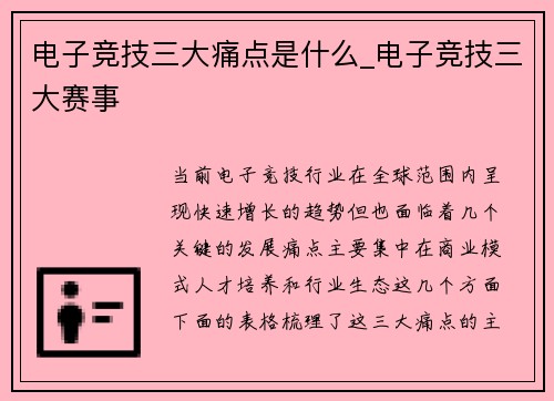 电子竞技三大痛点是什么_电子竞技三大赛事